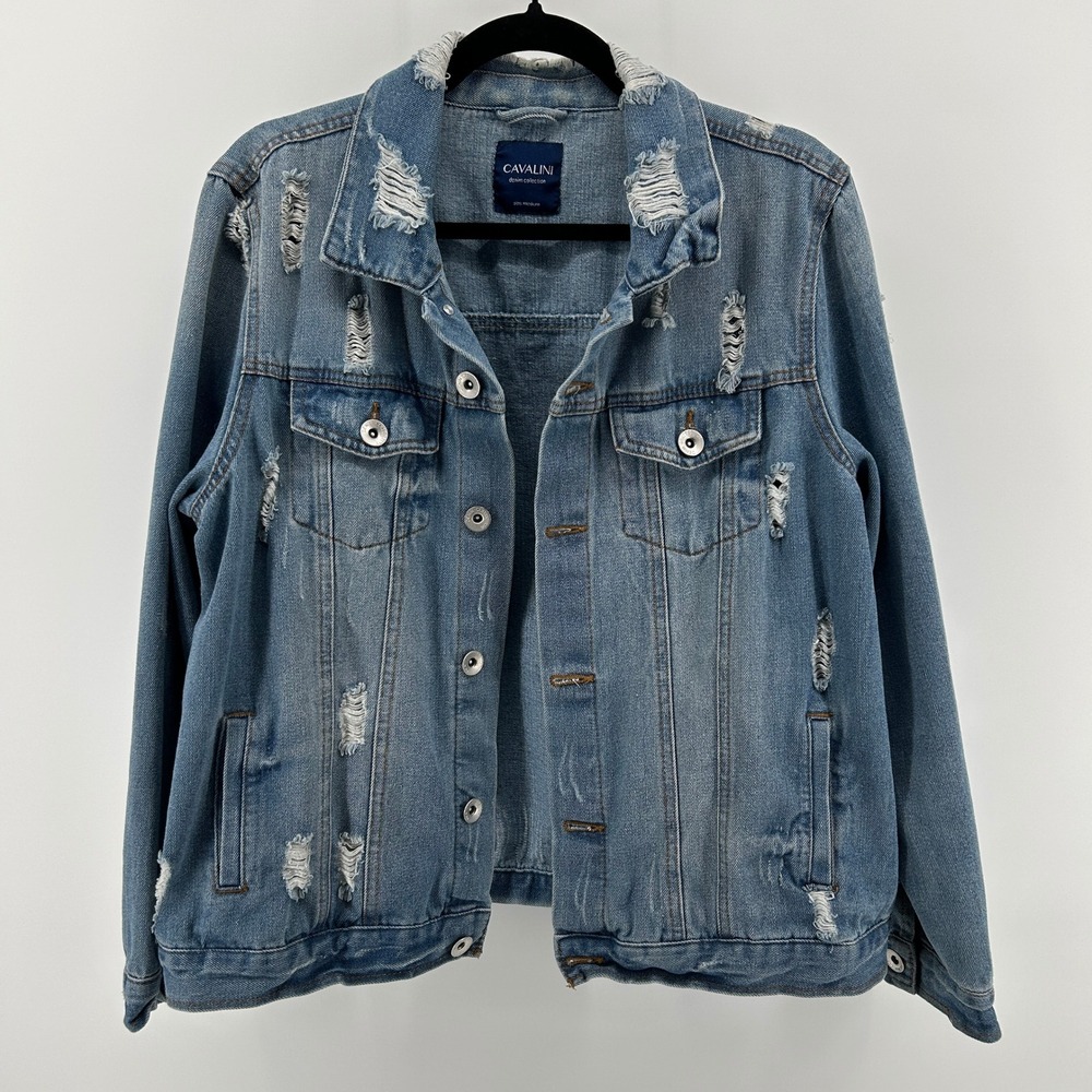 Cavalini Denim Collection Distressed Jean Jacket Medium Wash Grunge Streetwear M